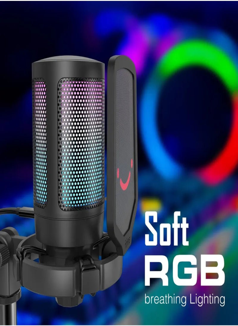 Gaming USB Microphone For PC PS5, Condenser Mic With Quick Mute, RGB Indicator, Tripod Stand, Pop Filter, Shock Mount, Gain Control For Streaming Discord Twitch Podcasts Videos-AmpliGame -A6V