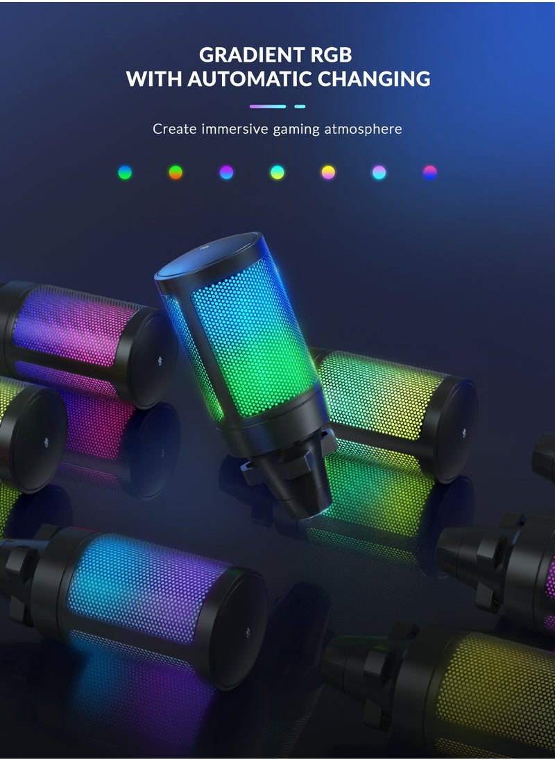 Gaming USB Microphone For PC PS5, Condenser Mic With Quick Mute, RGB Indicator, Tripod Stand, Pop Filter, Shock Mount, Gain Control For Streaming Discord Twitch Podcasts Videos-AmpliGame -A6V