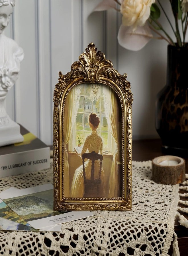 Cuspin Vintage 4x6 Picture Frame, Gold Ornate Resin Frames with Plexiglass Front for Tabletop and Wall Mounting, Antique Arched Photo Frame for Home Office Decor - Image 2