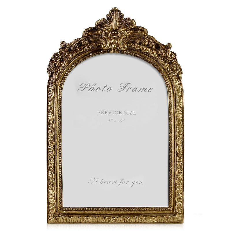 Cuspin Vintage 4x6 Picture Frame, Gold Ornate Resin Frames with Plexiglass Front for Tabletop and Wall Mounting, Antique Arched Photo Frame for Home Office Decor - Image 1