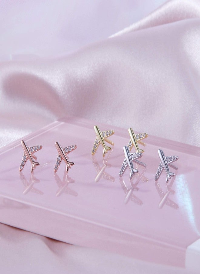 Helen de Lete Airplane Rhinestone Plane S925 Sterling Silver Stud Earrings (Silver) For Women - Image 2