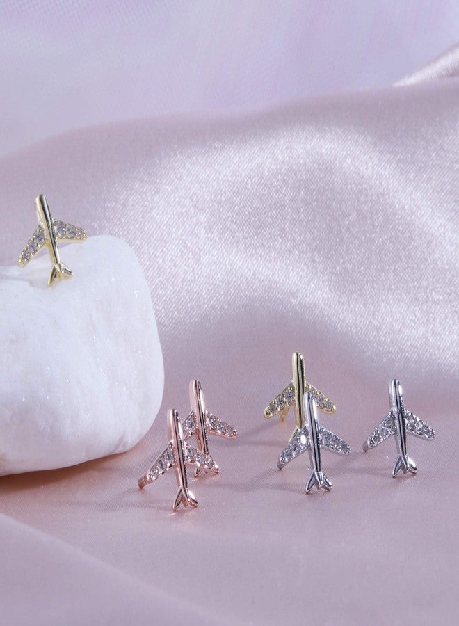 Helen de Lete Airplane Rhinestone Plane S925 Sterling Silver Stud Earrings (Silver) For Women - Image 3