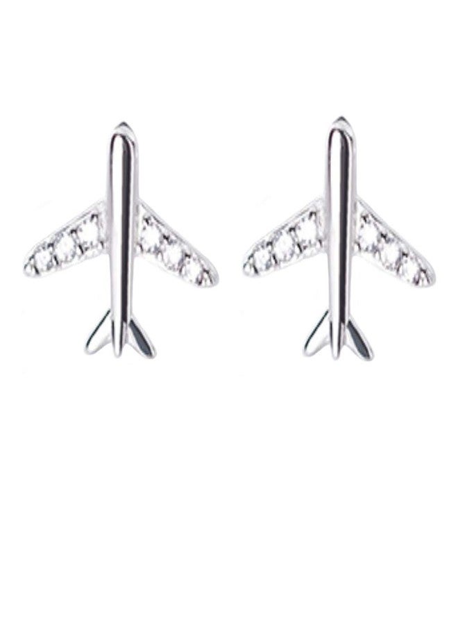Helen de Lete Airplane Rhinestone Plane S925 Sterling Silver Stud Earrings (Silver) For Women - Image 1