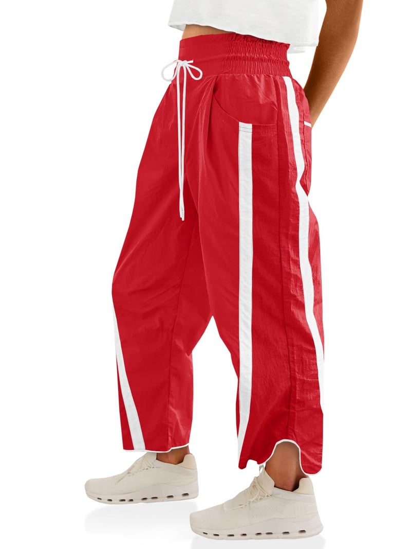 Fisoew Women's Baggy Wide Leg Pants Casual Drawstring Elastic Waisted Contrast Color Workout Y2K Track Pants - Image 1