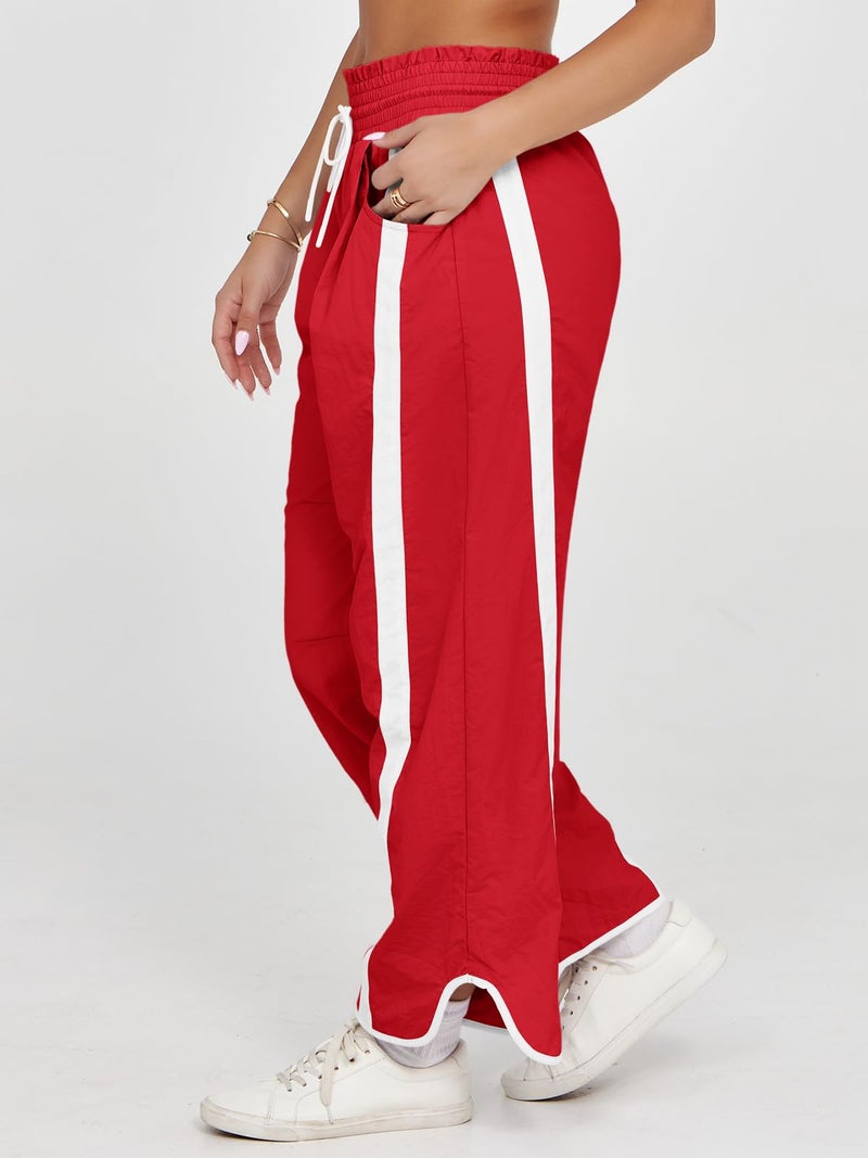 Fisoew Women's Baggy Wide Leg Pants Casual Drawstring Elastic Waisted Contrast Color Workout Y2K Track Pants - Image 3