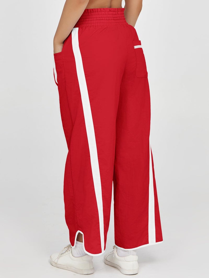Fisoew Women's Baggy Wide Leg Pants Casual Drawstring Elastic Waisted Contrast Color Workout Y2K Track Pants - Image 4