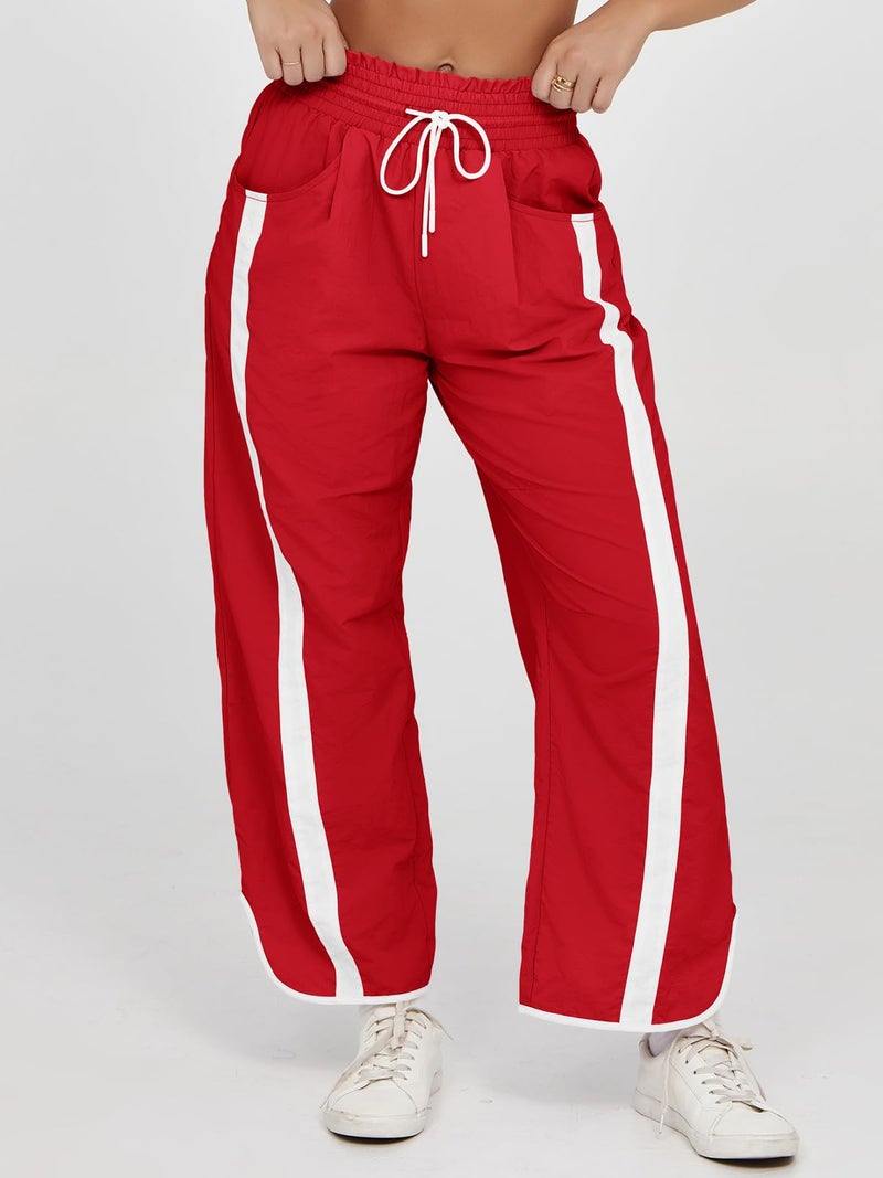 Fisoew Women's Baggy Wide Leg Pants Casual Drawstring Elastic Waisted Contrast Color Workout Y2K Track Pants - Image 2