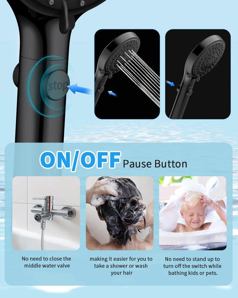 FASDUNT Shower Head with Handheld, High Pressure Handheld Shower Head with 80" Extra Long Stainless Steel Hose & Adjustable Bracket, Showerhead with ON/OFF Switch, Black - Image 4