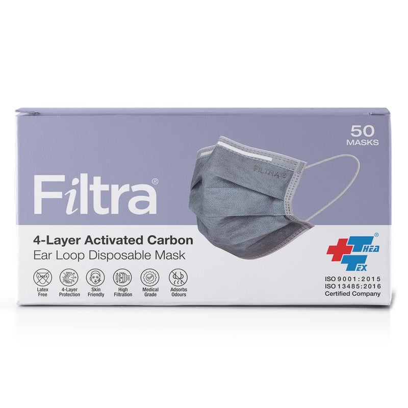 Filtra ® 4-Ply Ear Loop Activated Carbon Mask - High Filtration | Breathable | Adsorbs Smells | Hypoallergenic | Fluid Repellent | Improved & Enhanced Courier Packing - Image 1