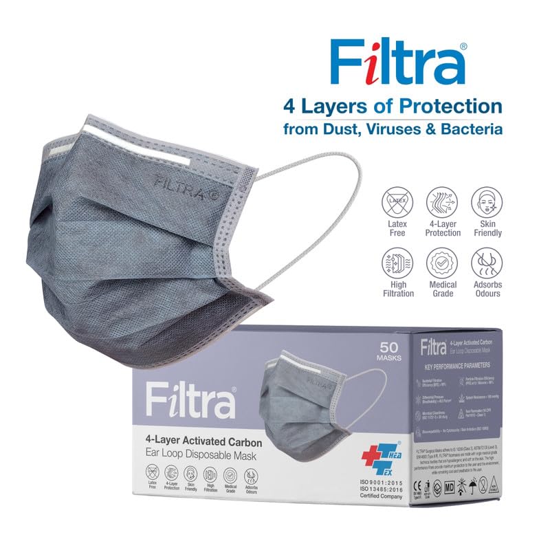 Filtra ® 4-Ply Ear Loop Activated Carbon Mask - High Filtration | Breathable | Adsorbs Smells | Hypoallergenic | Fluid Repellent | Improved & Enhanced Courier Packing - Image 3