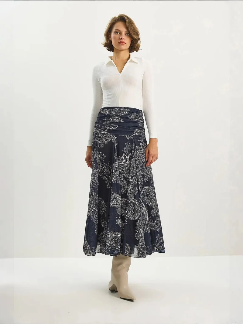 Bianco Lucci LUCCI High Waist Ethnic Print Midi Skirt