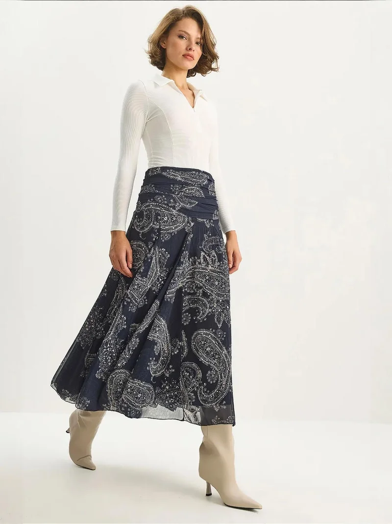 LUCCI High Waist Ethnic Print Midi Skirt