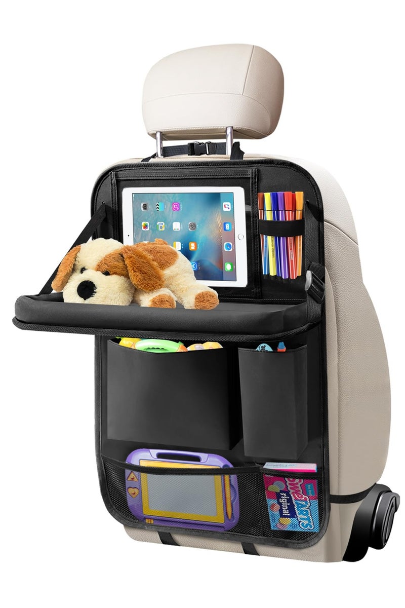 Car Organizer Back Seat with Tablet Holder for Kids, Car Storage Toy Organizer Kick Mats Seat Back Protector, 6 Storage Pockets Foldable Table Food Tray, 1 Pc - Image 1