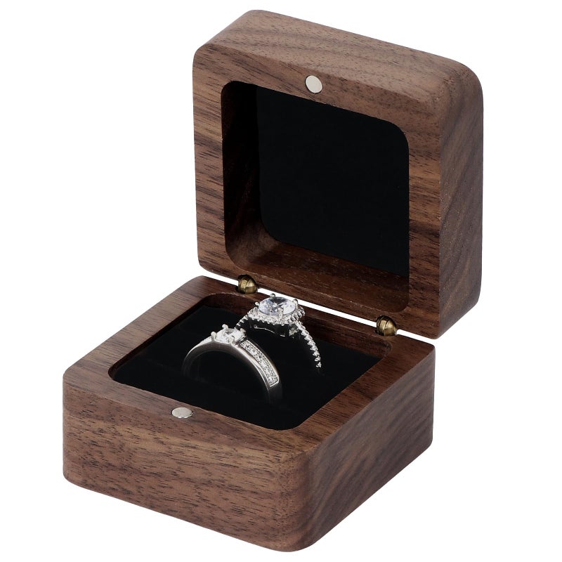 Sovia Wooden Ring Box, Mini Engagement Ring Holder Box with 2 Slot, Square Solid Wood Wedding Rings Box for Rings, Elegant and Retro Ring Bearer Case Box, for Proposal, Bridal Photo, Ceremony - Image 1