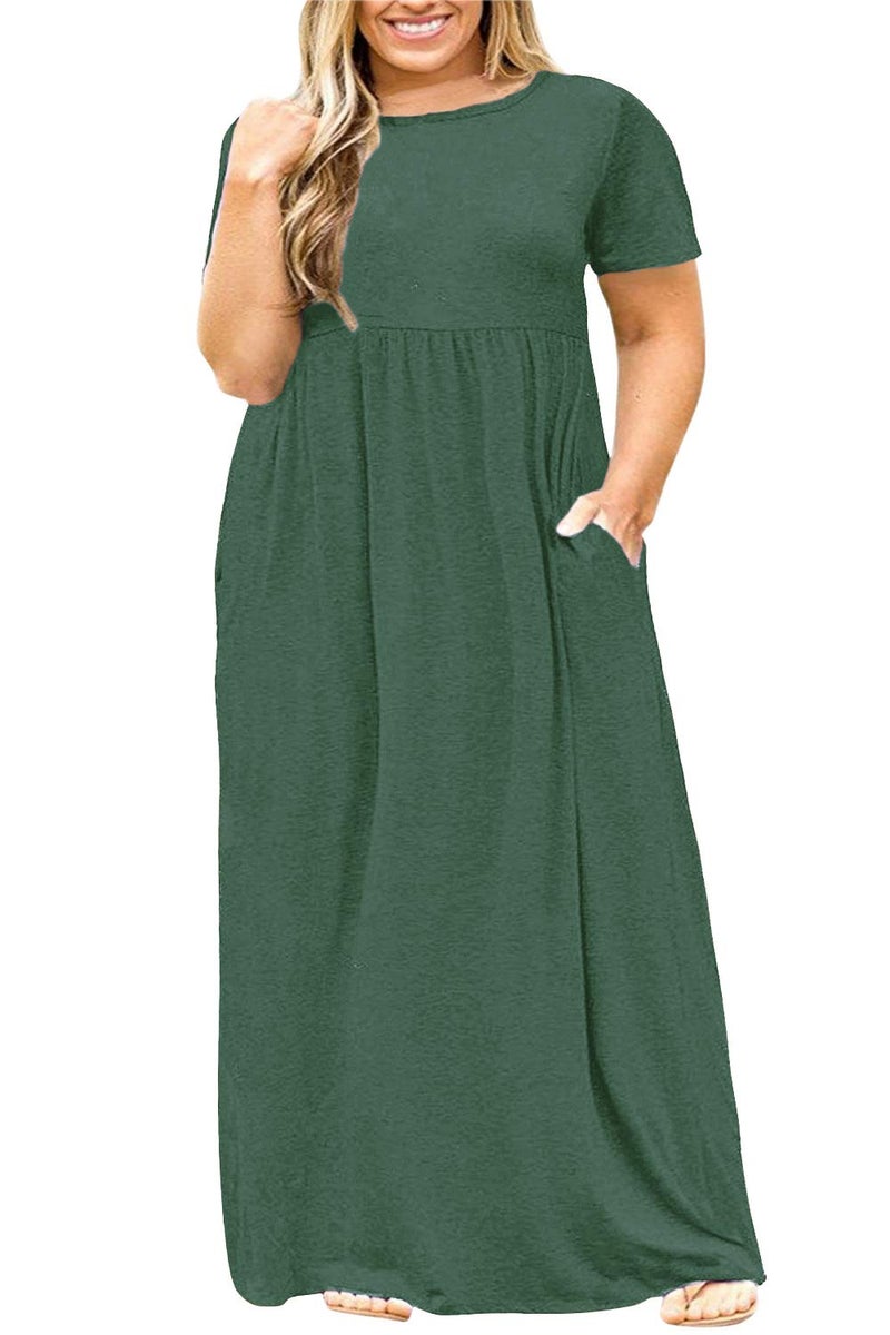 Nemidor Plus Size Maxi Dresses for Curvy Women Summer Casual Loose Short Sleeve Long Beach Dress with Pocket14920Green
