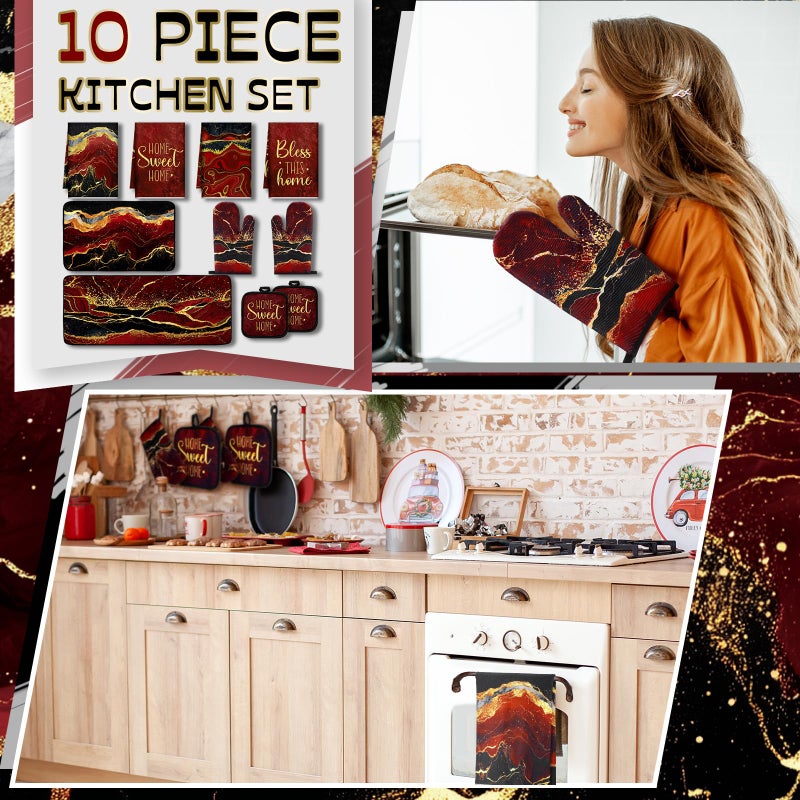 Fourluoo 10 Pcs Kitchen Dish Towels Rugs Oven Mitts and Pot Holders Kit Farmhouse Kitchen Decor Set Gloves Vintage Potholders for Baking Cooking Chef(Red,Modern) - Image 2