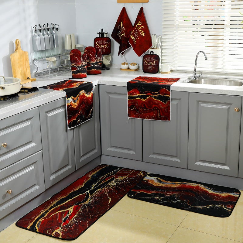 Fourluoo 10 Pcs Kitchen Dish Towels Rugs Oven Mitts and Pot Holders Kit Farmhouse Kitchen Decor Set Gloves Vintage Potholders for Baking Cooking Chef(Red,Modern) - Image 4