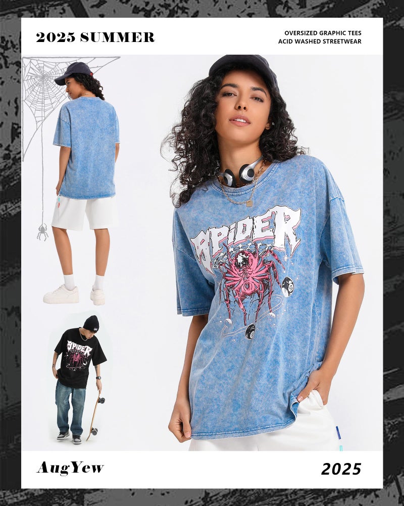 AugYew Graphic Tees Vintage Unisex Cotton Acid Washed Streetwear Oversized T-Shirts Summer Clothes Tops for Men Women,Blue,L - Image 3