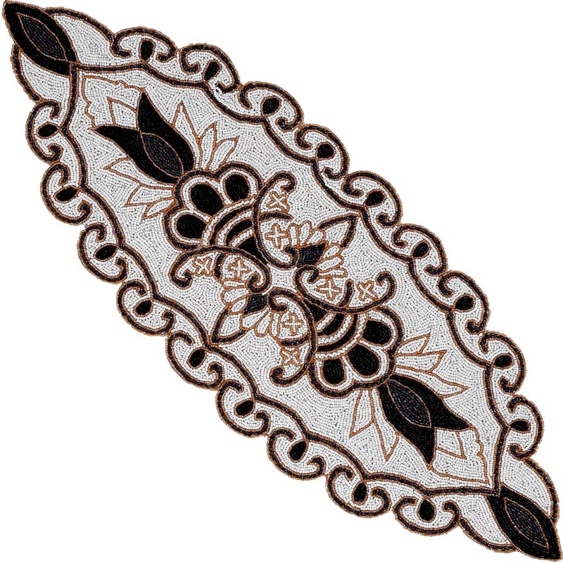 CLEENTABLE CLEENTABLE  36x13 Elegant Beaded Table Runner  Handcrafted Black Ivory Floral Design with Durable Polyester Backing for Dining Coffee Table  Special Occasions