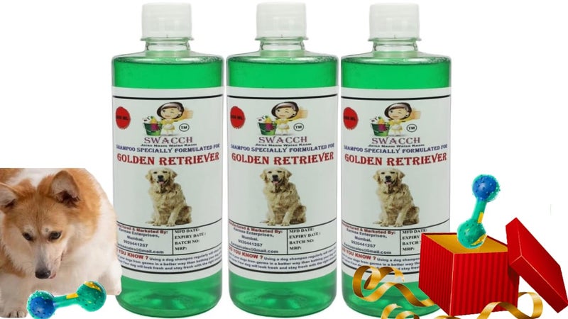 swacch Golden Retriever Dog Shampoo + Dumbbell Toy I Durable Rubber Dog Toy for Chewing I Playing,Teeth Cleaning & Training Toy I Combo Pack I 500ml Pack of 3 Neem Alovera - Image 1