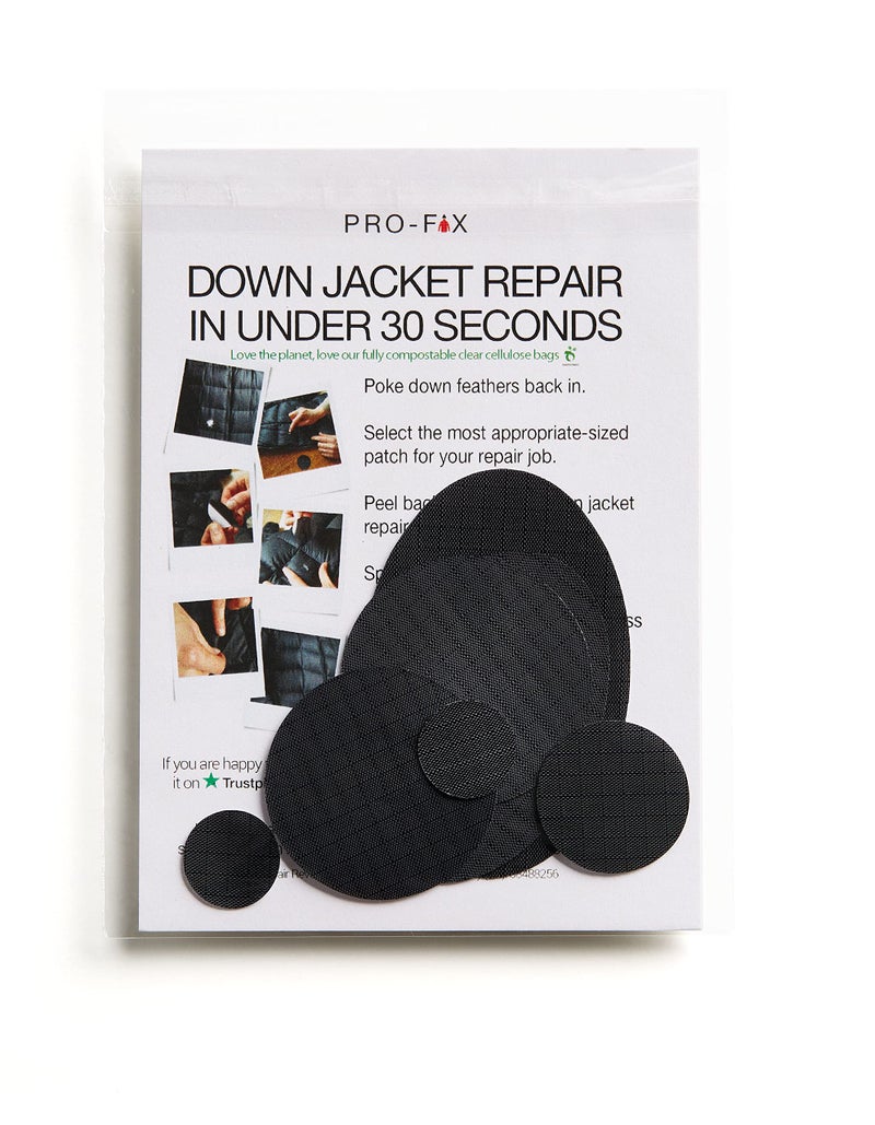 DJR Pro-Fix Down Jacket Repair Patches Easy to Use, Pre-Cut, Self-Adhesive, Waterproof, Tear-Resistant Rip-Stop Nylon Fabric Patches for Jackets & Patches for Clothing, Down Jacket Patches - Black - Image 1