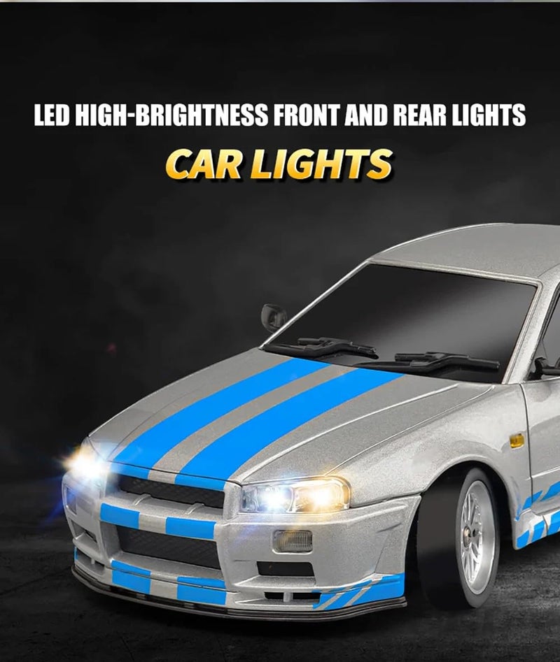 Flycolor سيارة درفت RC FLYCOLOR LD1899 1/18 GTR R34 2.4GHz RWD مع نظام جيروسكوب هيكل معدني على الطريق سيارات سباق تحكم عن بعد (أزرق رمادي) - Image 4