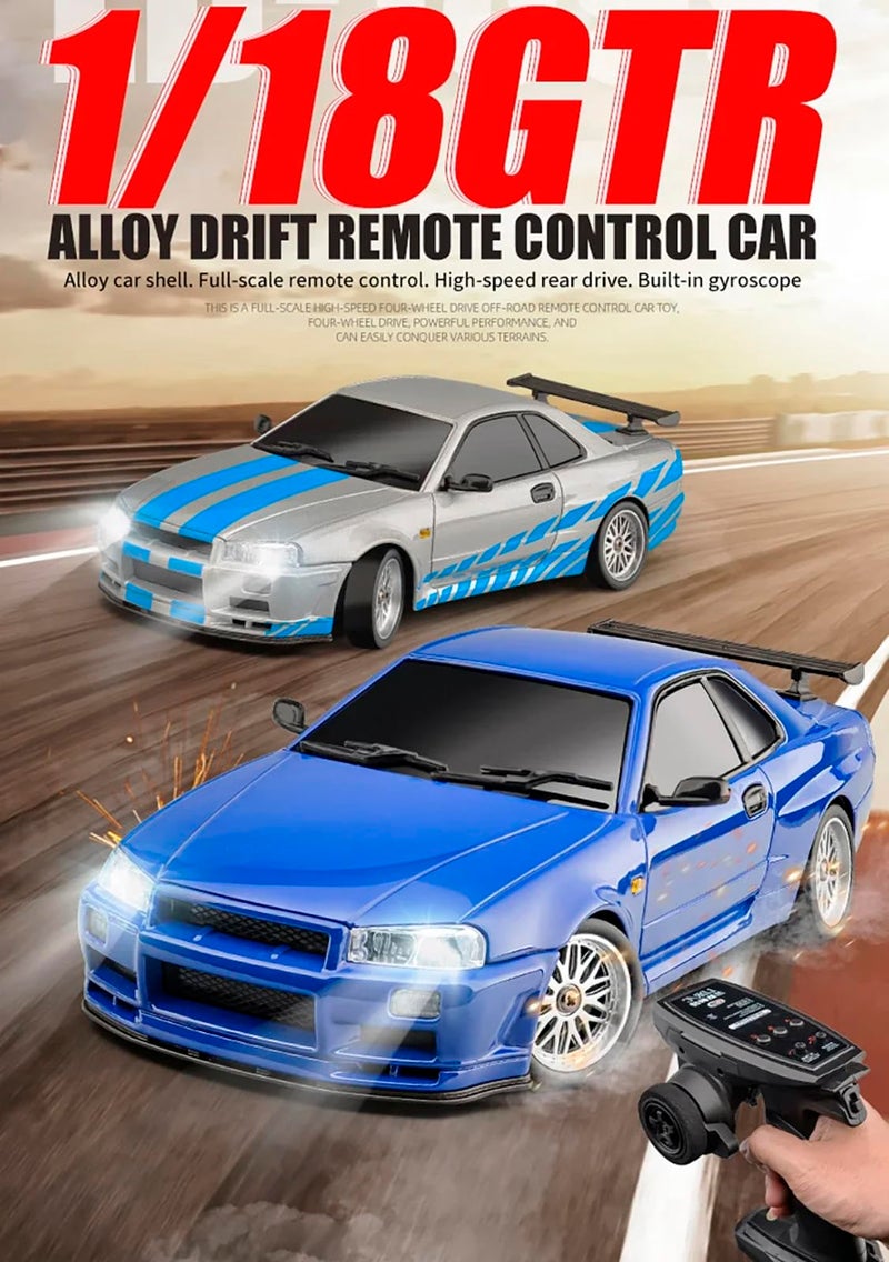 Flycolor سيارة درفت RC FLYCOLOR LD1899 1/18 GTR R34 2.4GHz RWD مع نظام جيروسكوب هيكل معدني على الطريق سيارات سباق تحكم عن بعد (أزرق رمادي) - Image 2
