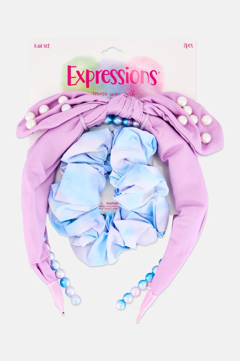 Expressions Kids Girl 3 Pieces Beaded Head Band With Scrunchie Set, Multicolor - Image 1