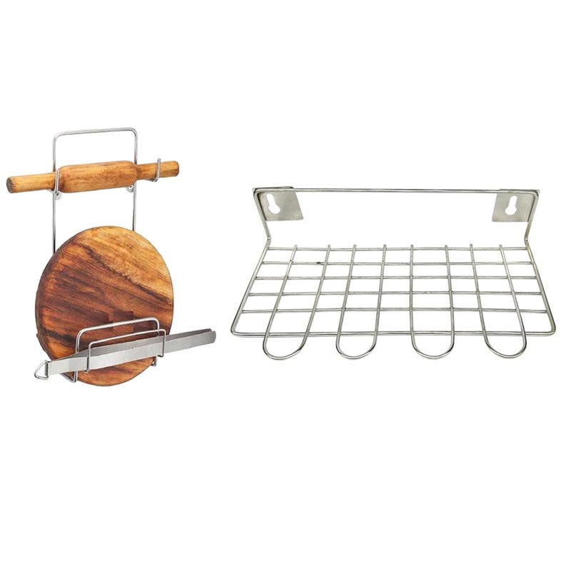 Oc9 Stainless Steel Wall Mounted Ladle Stand Wall Mounted Chakla Belan Stand for Kitchen Silver Pack of 2  - Image 1