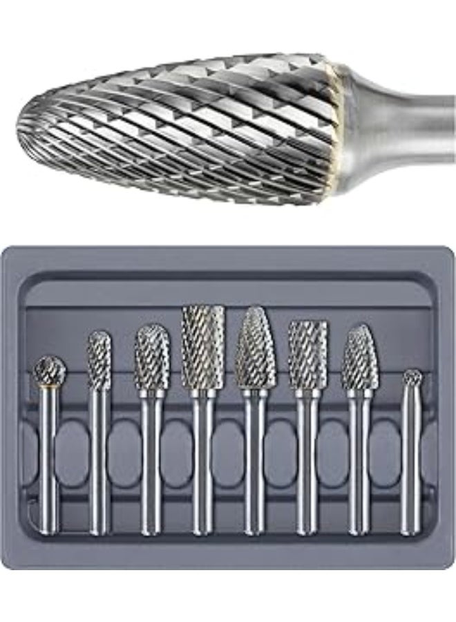 مجموعة رؤوس كربيد التنجستن، 8 قطع، ساق 1/4 بوصة، مبرد دوار للمعادن والخشب واللحام والخرسانة والحجر والطحن والنقش والتلميع والقطع المزدوج