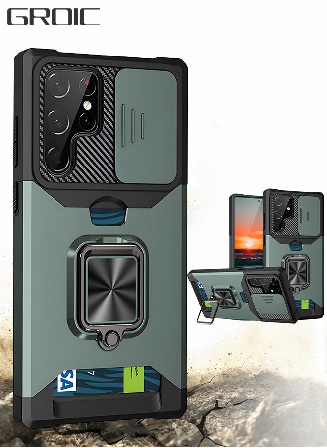 GROIC For Samsung Galaxy S23 Ultra Case with Credit Card Storage Design & Slide Camera Cover, Shockproof Dropproof Dust-Proof Heavy Duty Phone  Cover,Ring Bracket Protective Phone Shell for S23 Ultra 6.8''  - Image 1