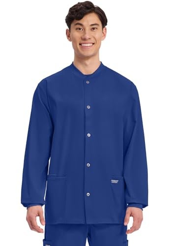 Cherokee Men’s Scrub Jacket Snap Front Medical with 3 Pockets, Knit Cuffs, Soft Fade Resistant 2-Way Stretch - WW360, L, Galaxy Blue - Image 2
