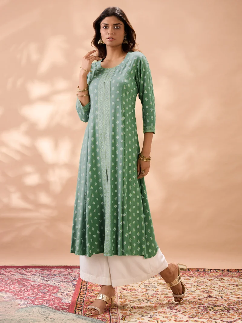 globus Women Mint Green Round Neck Ethnic Print Front Slit Flared Hem Panelled A-Line Kurta