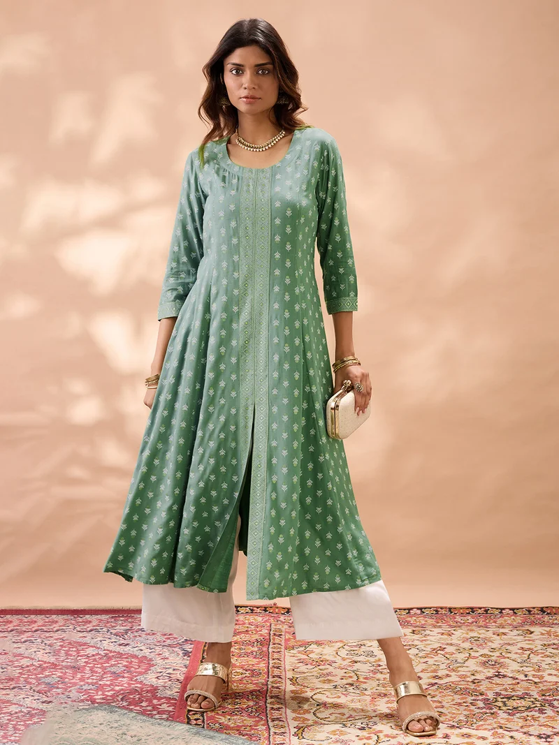 globus Women Mint Green Round Neck Ethnic Print Front Slit Flared Hem Panelled A-Line Kurta