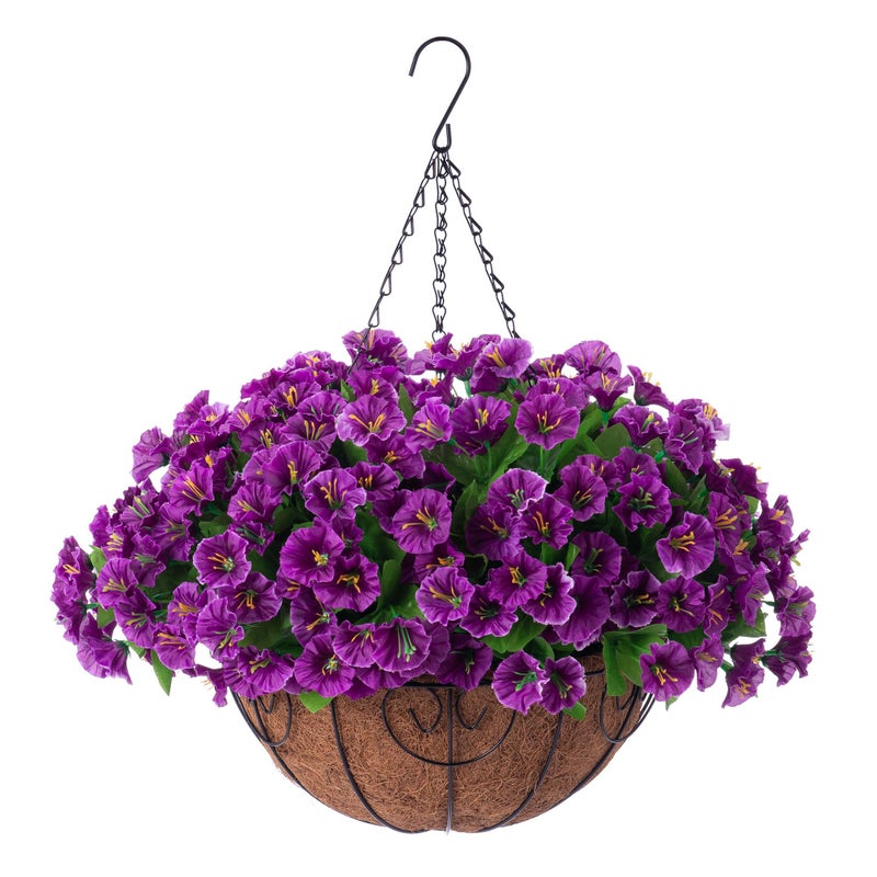 Ammyoo Artificial Hanging Flower Plants with Basket for Spring Summer Outdoor Decoration, Faux Petunias Flowers Fake Morning Glory Planter for Outside Patio Garden Porch Balcony Yard Decor(Lotus) - Image 1