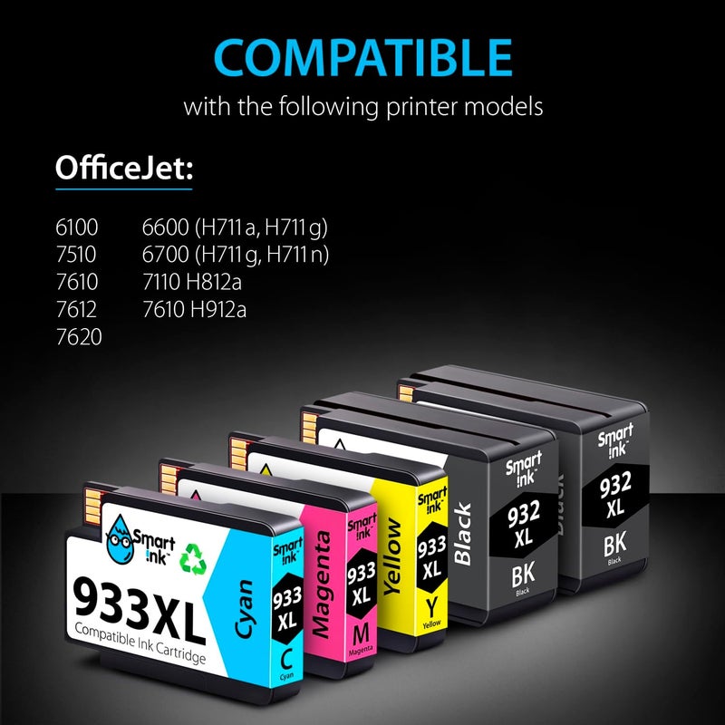 Smart Ink Compatible Ink Cartridge Replacement for HP 932XL 933XL 932 XL 933 (5 Pack Combo) to use with HP Officejet 6600 6100 6700 7510 7610 7612 7510 Printers (2 Black XL, Cyan, Magenta, Yellow) - Image 2