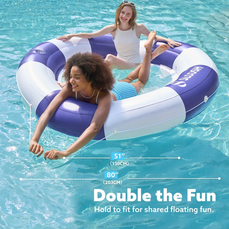 SLOOSH Inflatable Pool Lounger Float with Mesh, 80" x 80" Tanning Pool Floats, Double Lounger Round Ring for Adults, Floating Mat Raft for Lake and Beach with Cup Holder (Navyblue Strpie) - Image 4