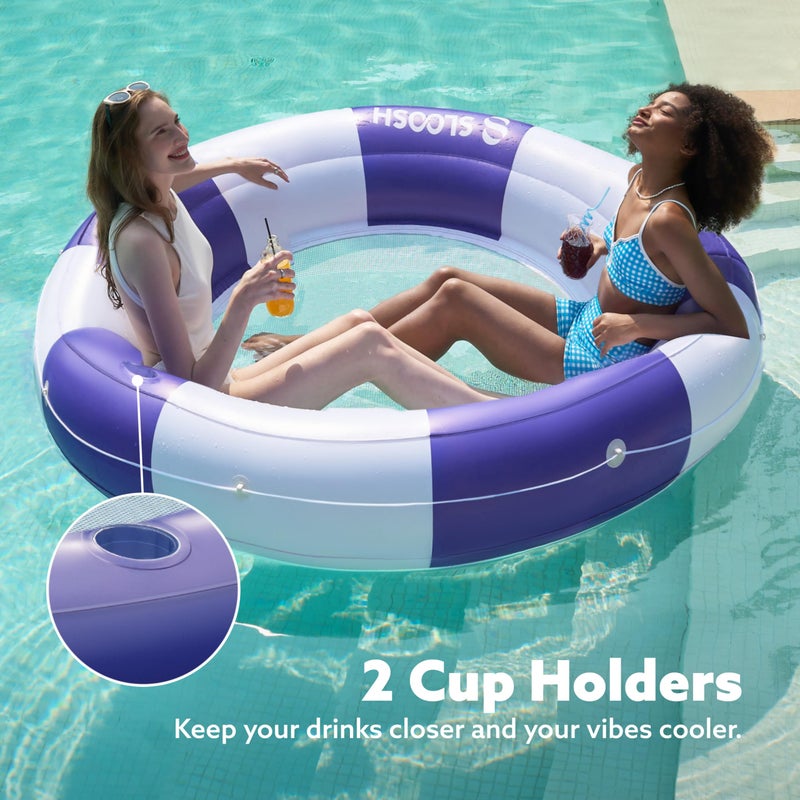 SLOOSH Inflatable Pool Lounger Float with Mesh, 80" x 80" Tanning Pool Floats, Double Lounger Round Ring for Adults, Floating Mat Raft for Lake and Beach with Cup Holder (Navyblue Strpie) - Image 5