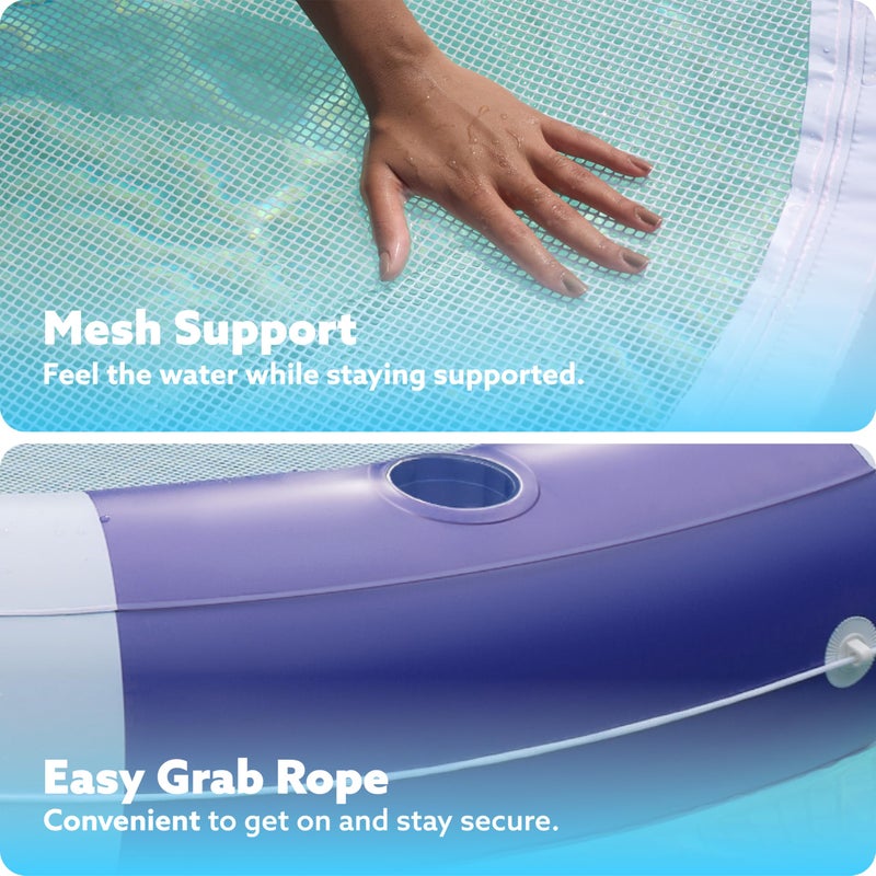 SLOOSH Inflatable Pool Lounger Float with Mesh, 80" x 80" Tanning Pool Floats, Double Lounger Round Ring for Adults, Floating Mat Raft for Lake and Beach with Cup Holder (Navyblue Strpie) - Image 3