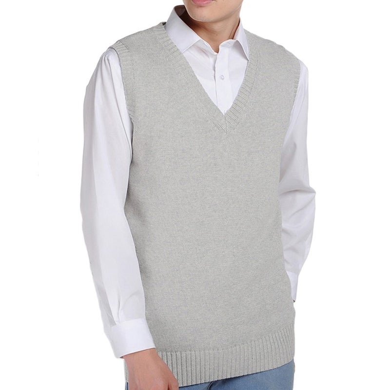 Betonsa Men Women Knitted Cotton V-Neck Vest JK Uniform Pullover Sleeveless Sweater School Cardigan Light Gray - Image 5