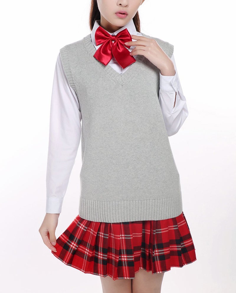 Betonsa Men Women Knitted Cotton V-Neck Vest JK Uniform Pullover Sleeveless Sweater School Cardigan Light Gray - Image 3