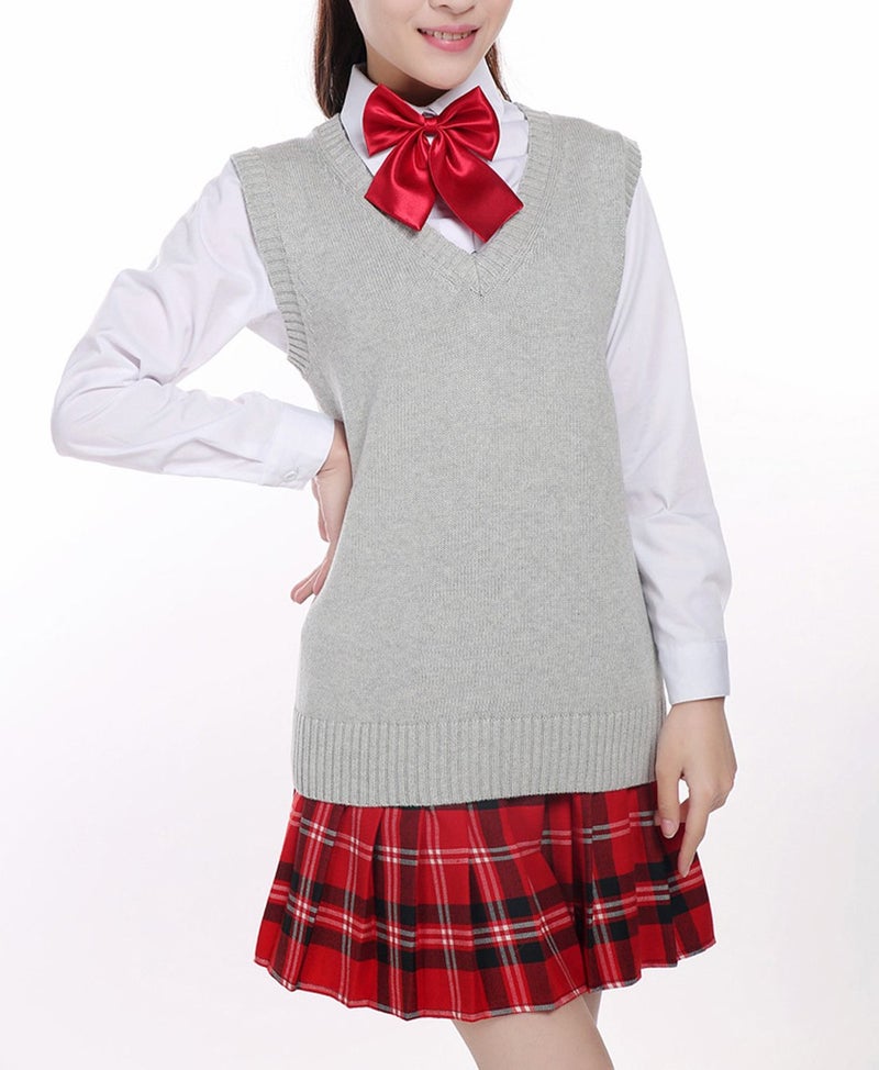 Betonsa Men Women Knitted Cotton V-Neck Vest JK Uniform Pullover Sleeveless Sweater School Cardigan Light Gray - Image 4