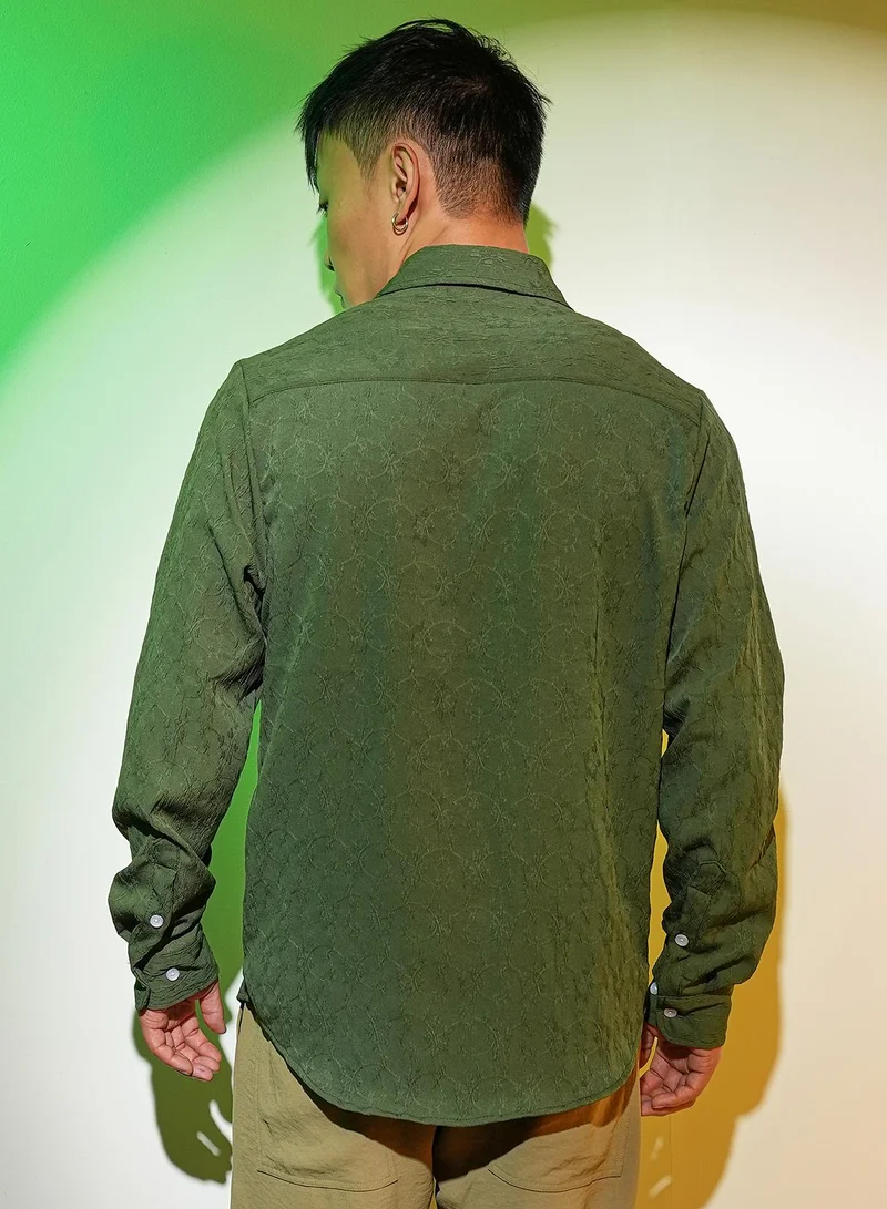 Campus Sutra Men's Forest Green Floral-Textured Shirt