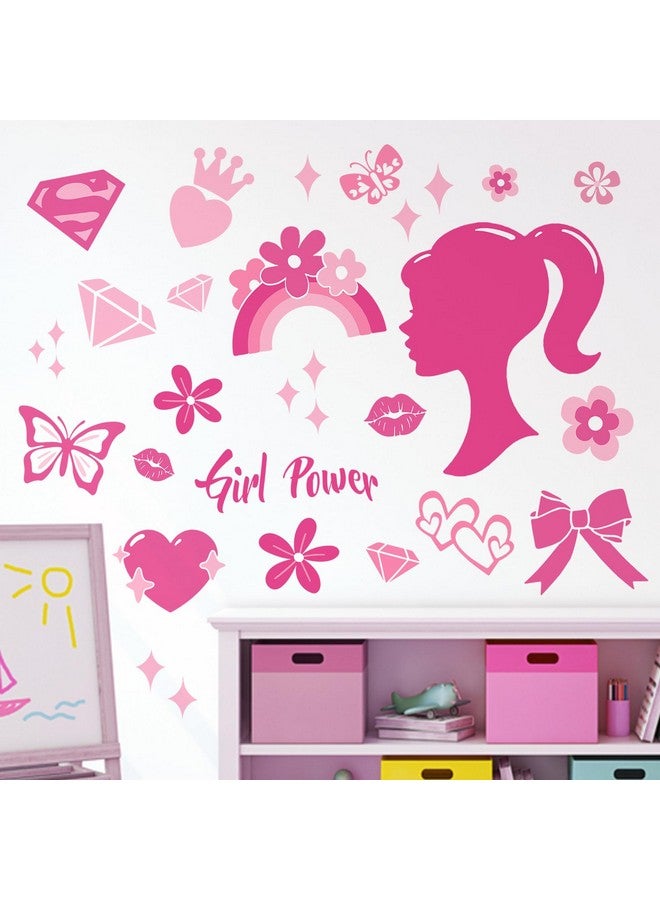 Mfault Pink Girl Power Wall Decals Stickers, Inspirational Rainbow Bow-Knot Butterfly Decorations Teenager Girls Bedroom Art, Motivational Diamond Heart Flower Teens Women Living Room Decor - Image 1
