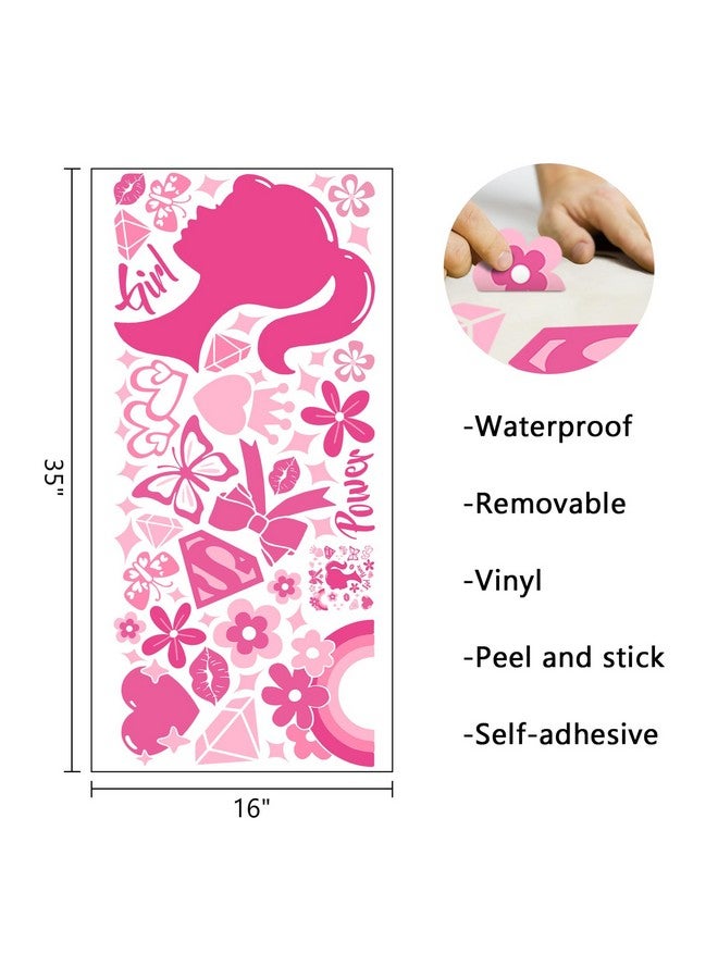 Mfault Pink Girl Power Wall Decals Stickers, Inspirational Rainbow Bow-Knot Butterfly Decorations Teenager Girls Bedroom Art, Motivational Diamond Heart Flower Teens Women Living Room Decor - Image 2