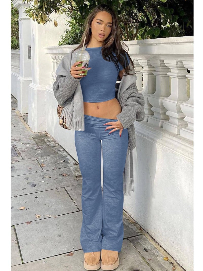 ZFLM Casual Workout Two Piece Outfits for Women Short Sleeve Crop High Waist Foldover Flare Pants Tracksuit Sets Streetwear - Image 2