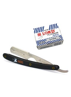 Stainless Steel Professional Barber Folding Straight Edge Razor Shavette Mens Shaving Kit with 100 Count Lord Platinum Single Edge Razor Blades Black