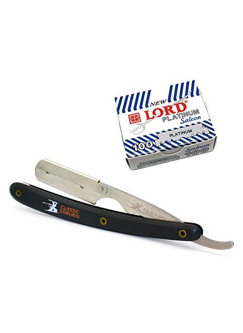 Classic Samurai - Stainless Steel Professional Barber Folding Straight Edge Razor Shavette Mens Shaving Kit with 100 Count Lord Platinum Single Edge Razor Blades Black - Image 1