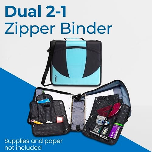 Case it Case-it The Dual 2-in-1 Zipper Binder | Two 1.5-Inch D-Rings, 600 Sheet Capacity, Pencil Pouch & Multiple Pockets | School & Office Organizer with Shoulder Strap | Dual-101 Spearmint - Image 4