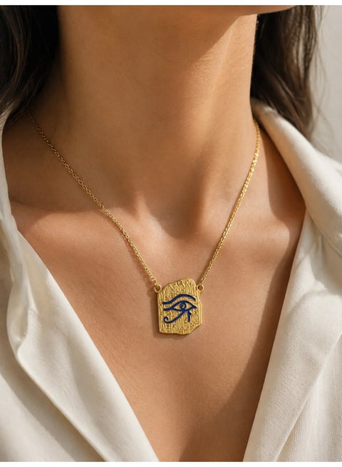 SHEIN Eye of Horus Necklace for Women, Gold Stainless Steel Egyptian Eye Pendant with Blue Enamel